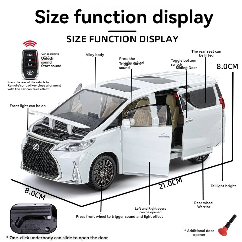 Diecast Model Car 1:24 Lexus LM300 with Key with Sound and Light Pullback Metal Car Model Toys Ornament Decorate Supercar Model