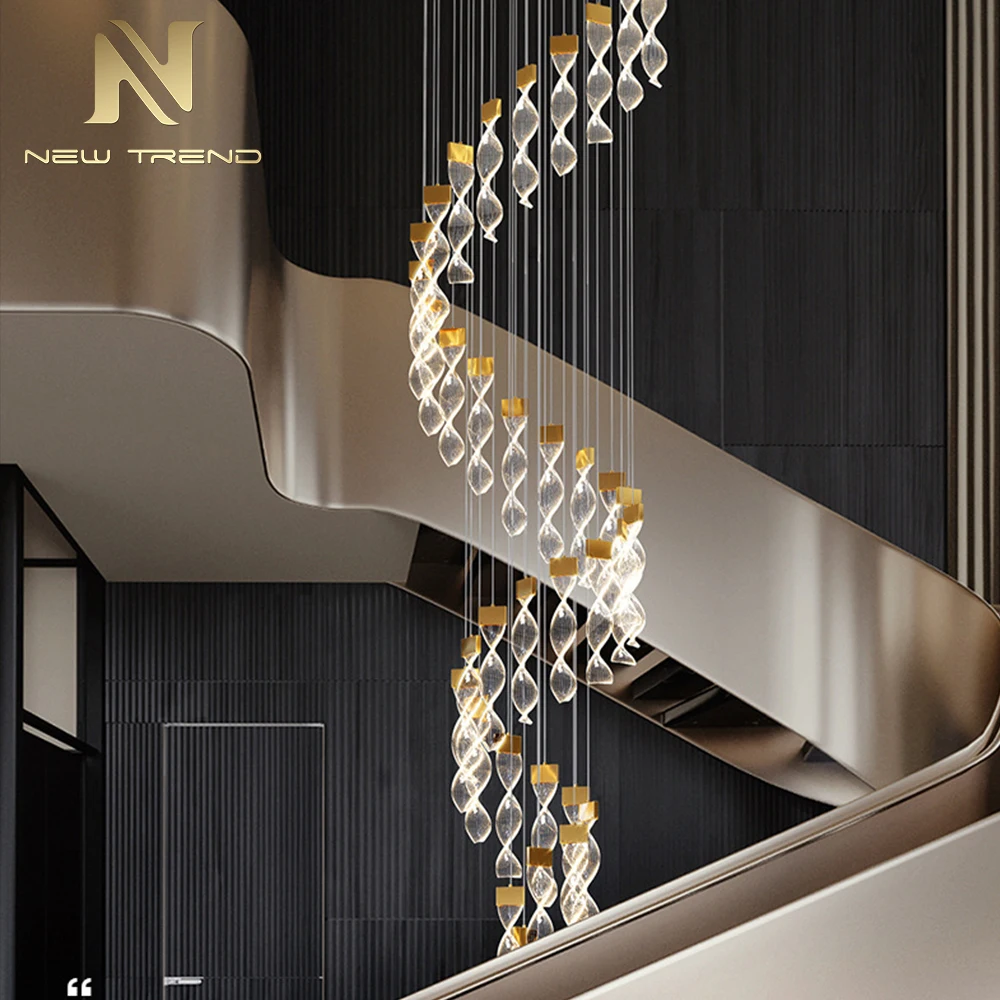 PD8008 Large Modern Acrylic Ring Chandelier High Ceiling Spiral LED Pendant for Villa Staircase