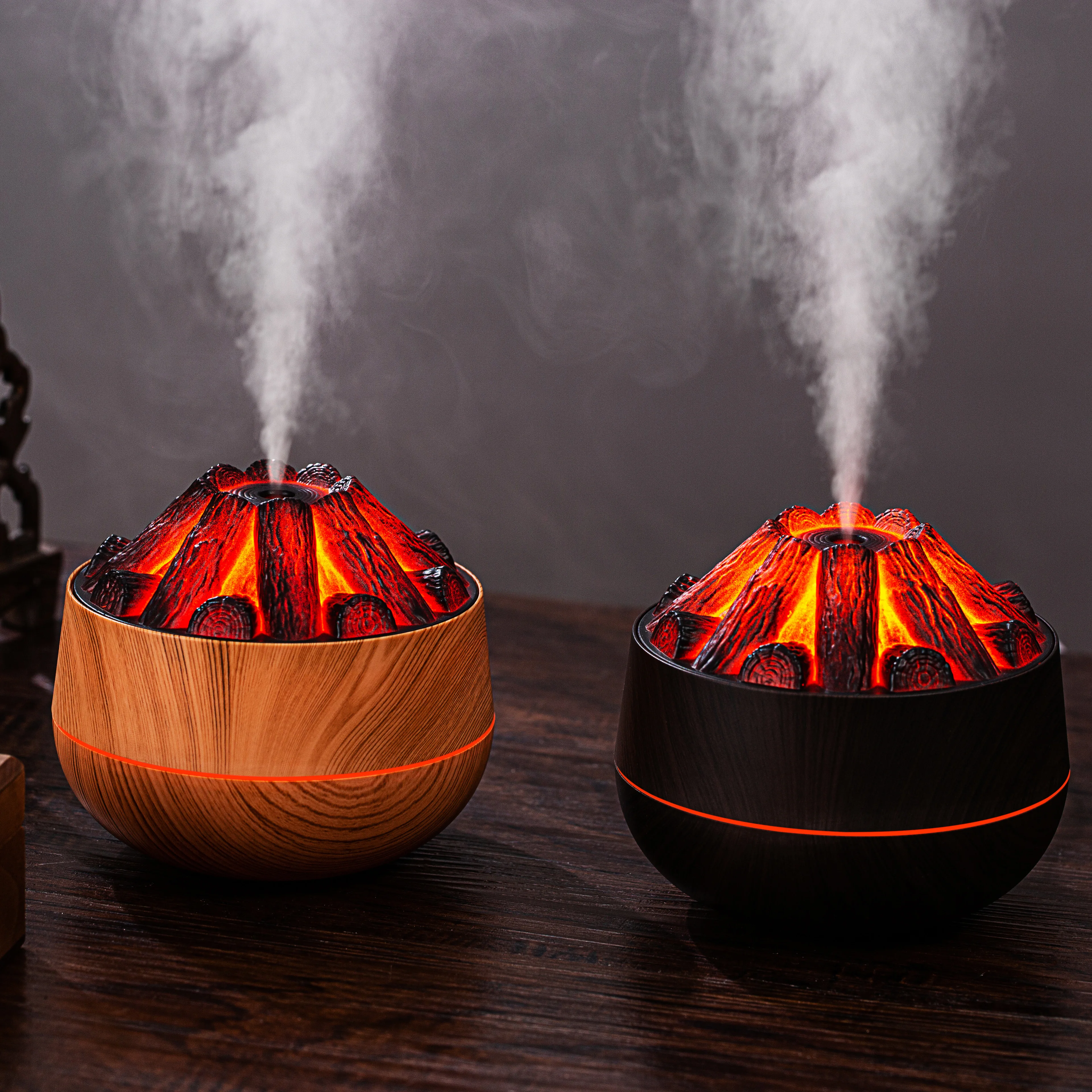 Volcano Mist Diffuser with Charcoal Fire LED Wood Grain 2-in-1 Ultrasonic Aroma Humidifier 300ml Cool Mist for Home Office Car