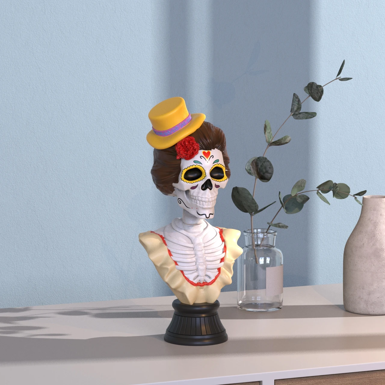 product professional supply wholesale hand painted day of the dead custom resin skull woman bust statue for festival decoration-5