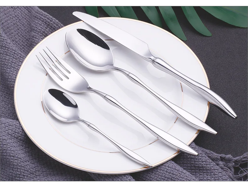 New Hot Sale Light Luxury 304 Stainless Steel Cutlery Knife Fork Spoon Dessert Spoon Set Silverware Wedding Flatware Set
