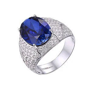 Keiyue Men Natural Blue Sapphire Precious Stone Rings with Cz,oval Jewel Cut Blue Stone Ring