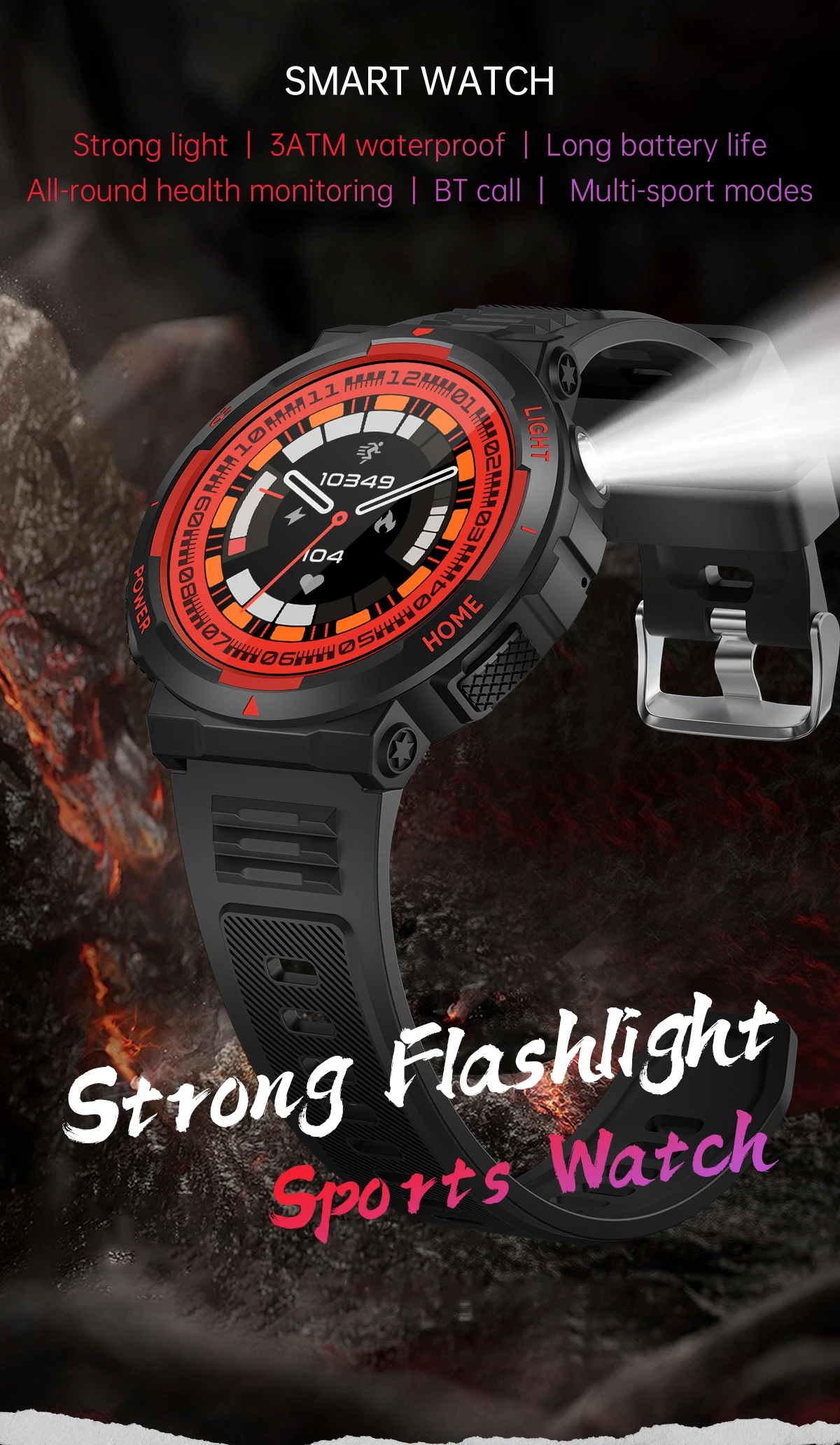 KT75 Smart Watch New LED Light Illumination Outdoor Sports Running Exercise 3ATM Deep Waterproof Watch