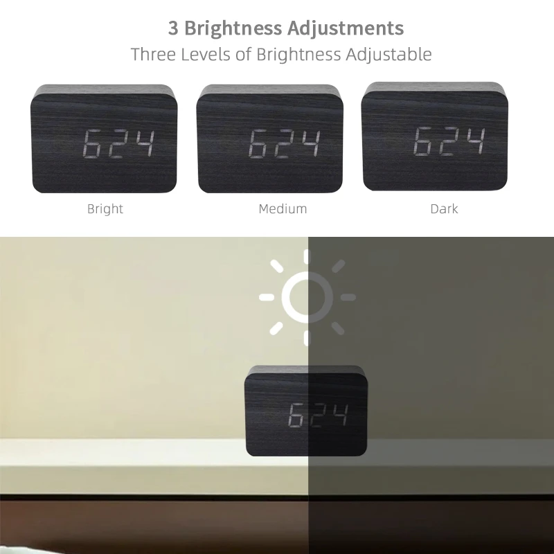 New Product Wood Look Alarm Function Indoor Temperature Voice-activated LED Smart Digital Clock