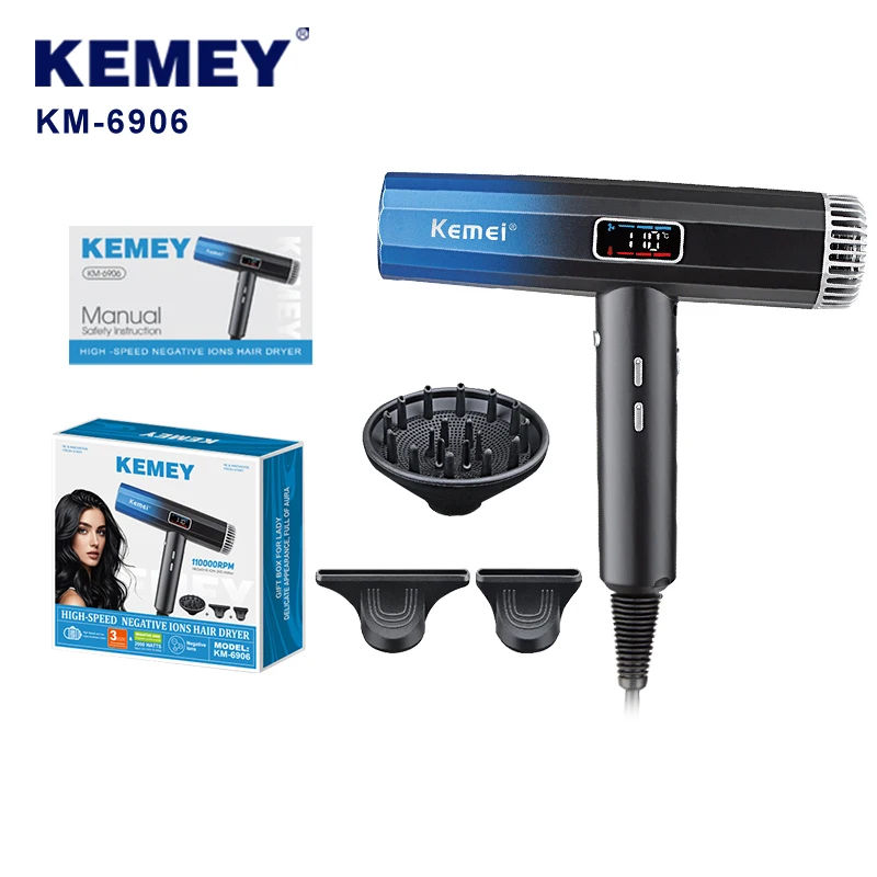 Sèche-cheveux salon KEMEI KM-6906 OEM usine, ionique négatif, 2000 W, haute vitesse, avec diffuseur, Secador De Cabelo