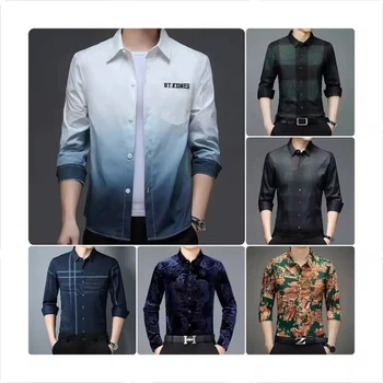 New Shirt Men 2024 Fashion Men's Casual Flower Cotton Shirts Polyester Cotton Button Down Long Sleeve Shirts