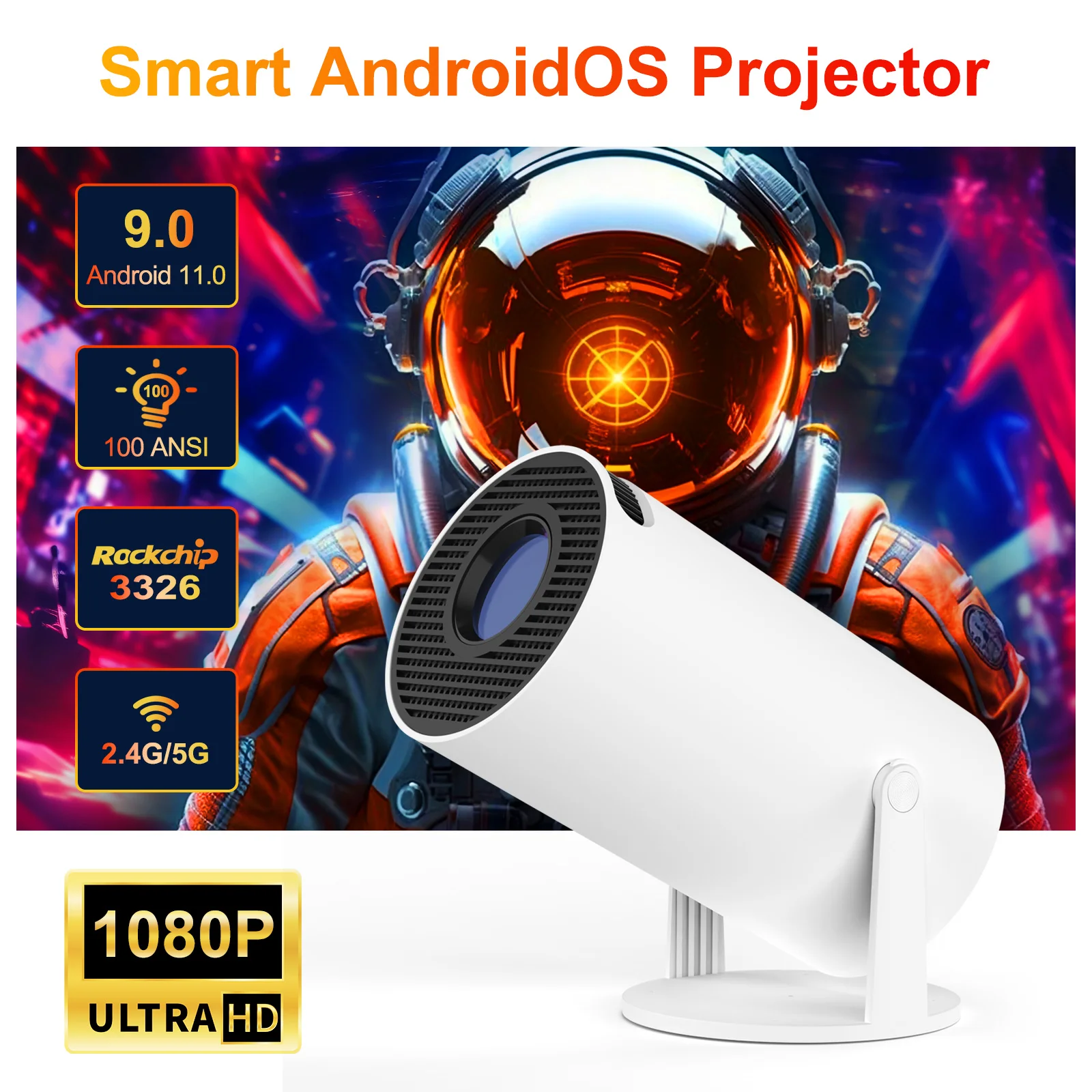HY300A Smart Mini Projector - 1080P, Android 9.0, 1-Year Warranty