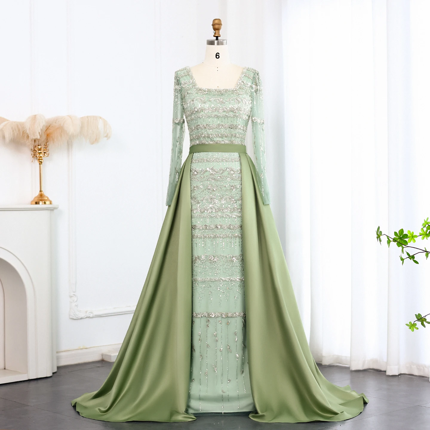 Sharon Said SS238A Luxury Sage Green Long Sleeves Muslim Evening Dress for Women Wedding Party With Detachable Overskirt| Alibaba.com Sharon Said SS238A Luxury Sage Green Long Sleeves Muslim Evening Dress for Women Wedding Party With Detachable Overskirt| Alibaba.com