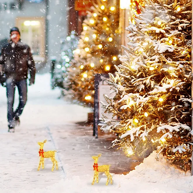 Lights4fun Set 3 Renne Luminose 2D Innevate – 100 LED Bianco Caldo, Timer, Per Interni/Esterni, Altezze 46-80 Cm - 2
