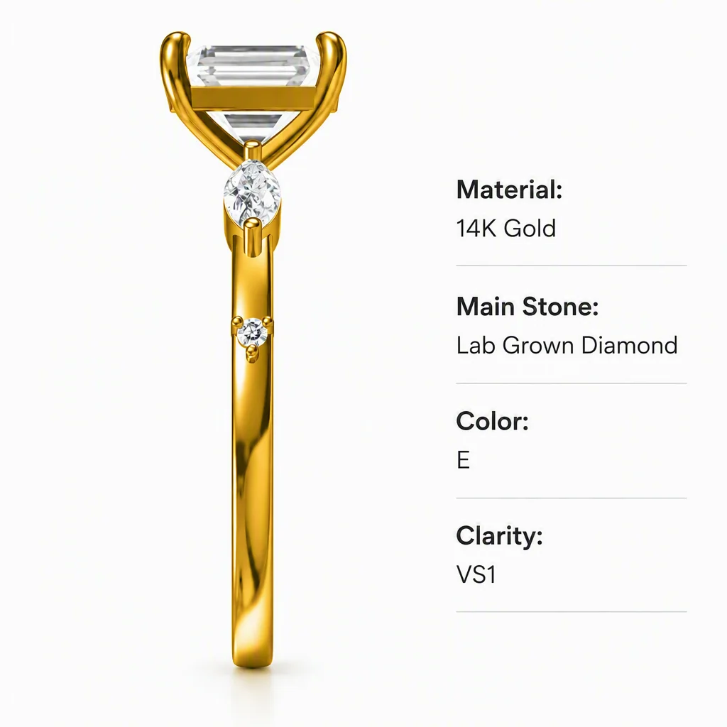 14K Gold Emerald Cut Lab Grown Diamond Ring Marquise Lab Created Diamond Engagement Ring Lab Diamond Rings for Women