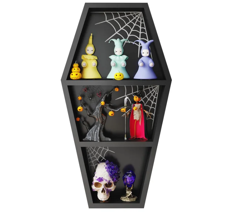 Goth Coffin Bookshelf with Spider Web 24 inches Tall Wooden Coffin Shelf Stand Gothic Decor Crystal Shelf for Display Black Spooky Curio Shelf main image 1