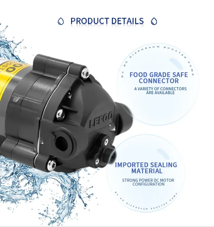 LEFOO Low Noise 75GPD 10bar RO Water Pump 24V DC Motor Diaphragm Booster Pump for Clean Drinking Water Purifier