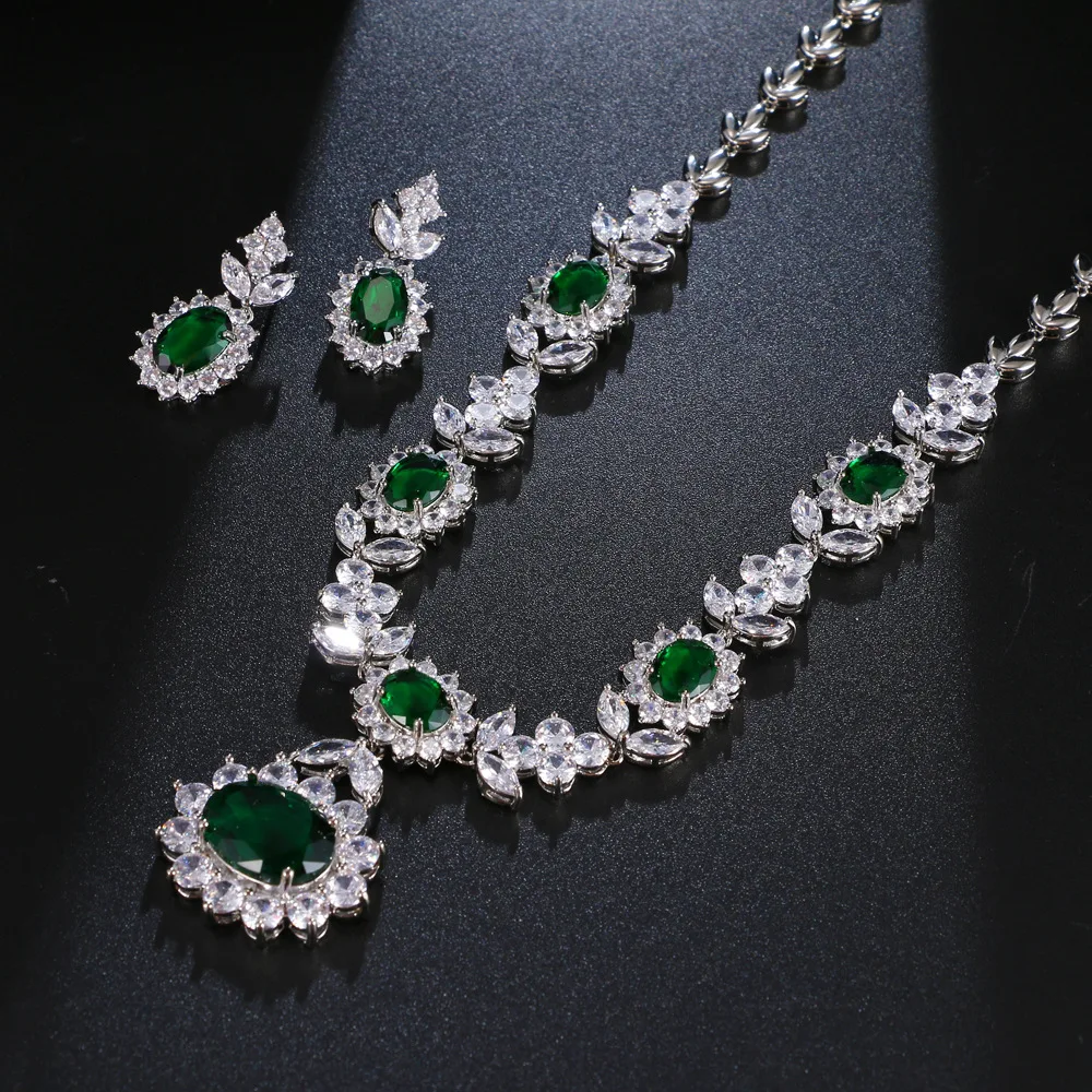 Parure De Bijoux Femme 2 Pièces Strass émeraude - Collier Pendentif Goutte Et Boucles D'oreilles, Chaîne Réglable, Pour Mariage, Soirée