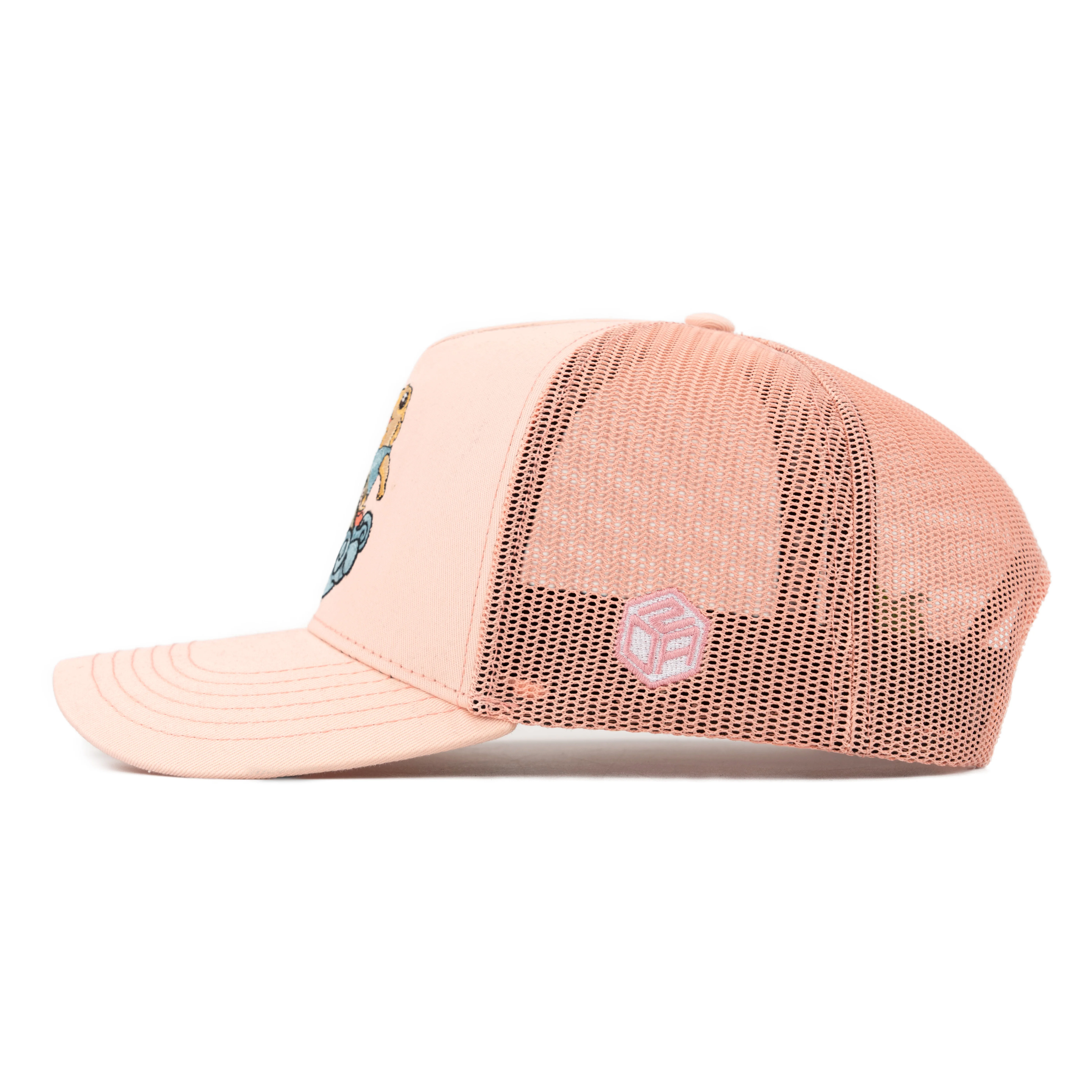 TCAP China Custom 5 Panel Cotton Fabric Cap Flat Embroidery Pink Trucker Hat