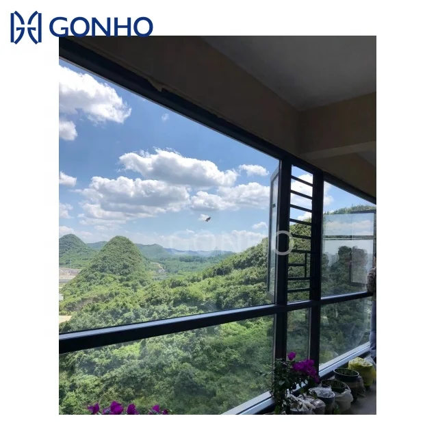 GONHO Custom -Made House Window Opening 180 Degree Aluminum  Black Folding Casement windows With Security Mesh
