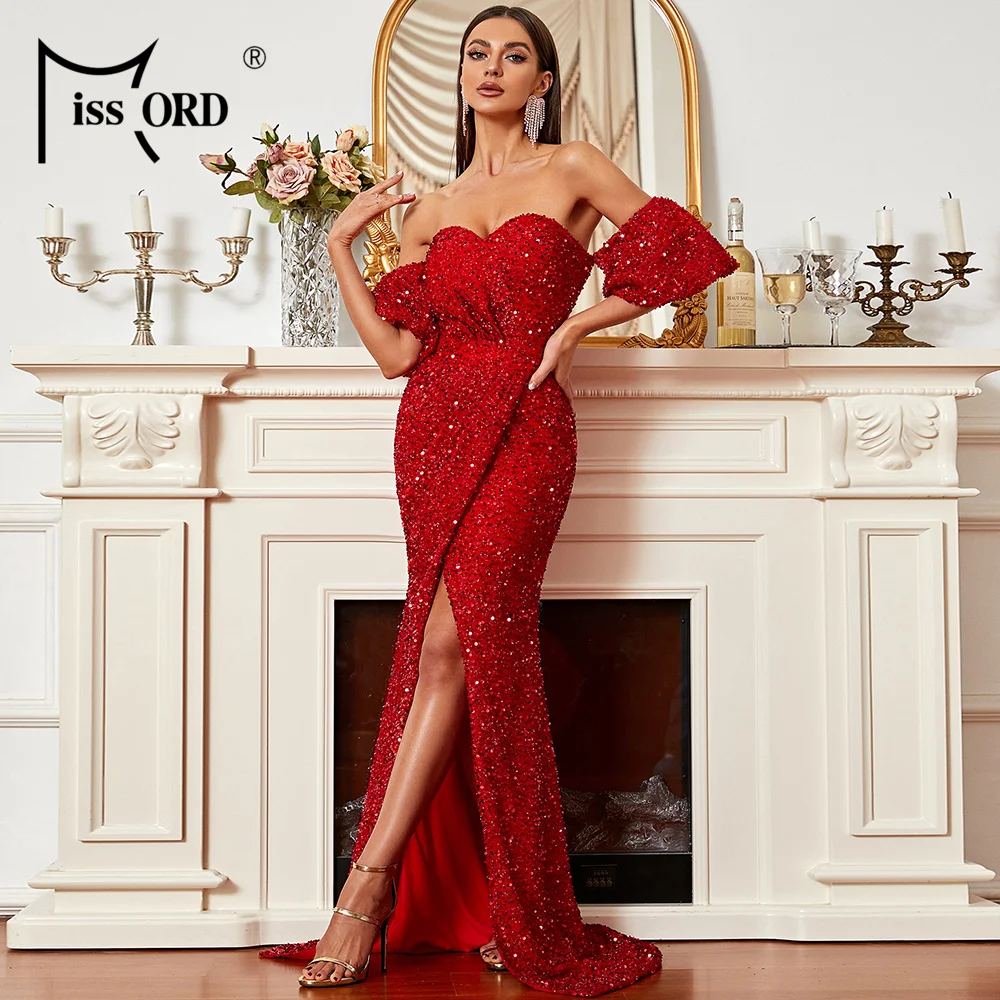 MISSORD Red Off Shoulder Slit Thigh Mermaid Hem Sequin Shot Sleeve Formal  Puff Sleeves Evening Dresses