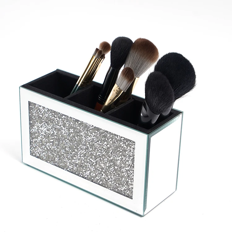 3 Slot Glass Cosmetics Brushes Storage Holders with Crystal Crushed Diamond Mirrored Makeup Brush Holder Organizer