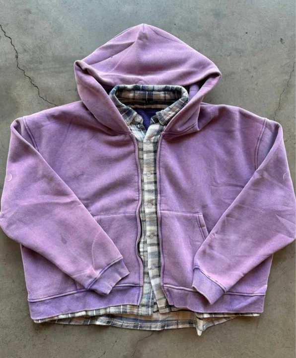 Custom Designer Men Winter 100% Cotton Hoody Jacket Flannel Lined Heavyweight Vintage Distressed Zipper-Up Faded Acid Wash