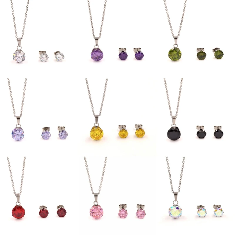 Fashion Stainless Steel Claw Setting Round Multicolor 3A Cubic Zirconia Necklace Earrings Jewelry Set  for Woman Italian Jewelry