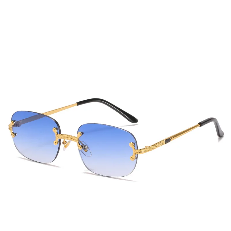 UNOC Luxury Rimless Hexagon Sunglasses 2021 Gold and Blue New Retro Metal Sun Glasses with Small Frame for Men and Women