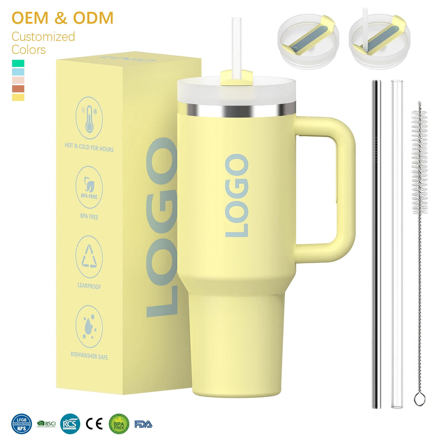 BPA-Free  20oz 30oz 40 oz H2.0 Tumbler Mug with Handle and Straw 3-Position Lid for Travel Insulated Stainless Steel Cup
