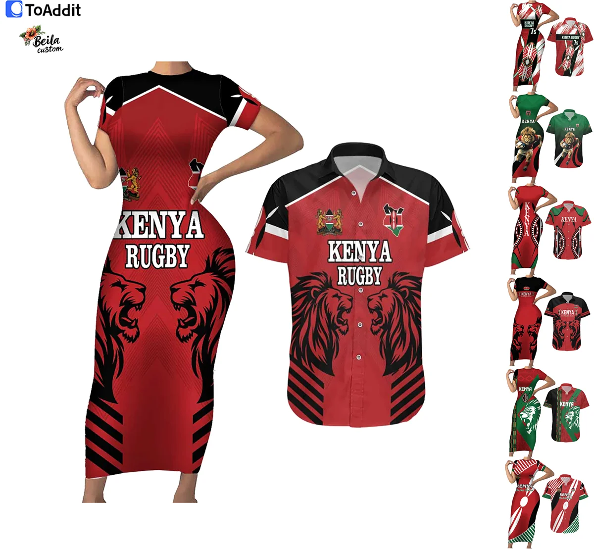 Custom Kenya Flag Style Rugby Wrap Dresses Women Elegant Dress and Men Large Size Shirt
