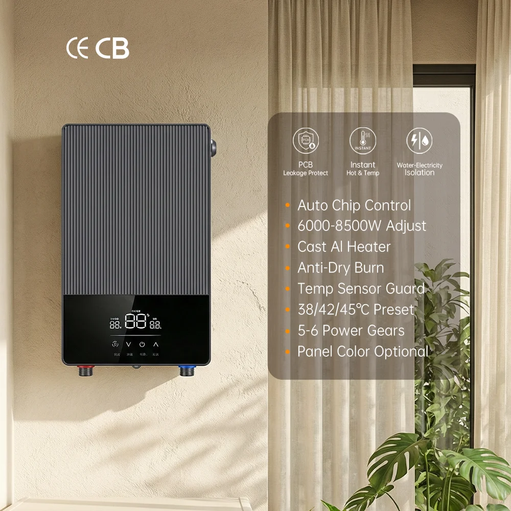 6 kW / 7 kW / 8,5 kW Aquaerector Electricus Instantaneus Paries-Montatus cum Tabula LED et Protectione Contra Humorem IPX4