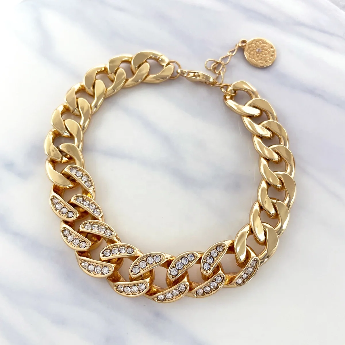 Wholesale Classic Round Charm Cuban Chain Bracelet 18k Gold Plated Crystal Diamond for Women's Jewelry Bracelet Accessories