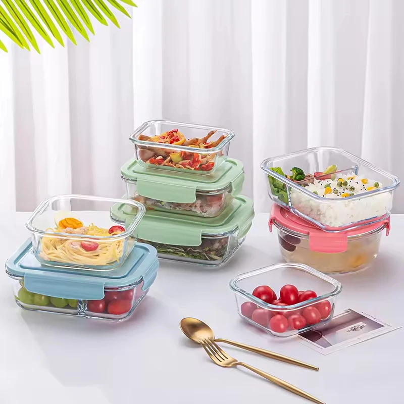 Wholesale 410ml 700ml 1040ml Airtight Glass Meal Prep Containers Plastic Lid Microwave Dishwasher Safe 3 Compartments Lunch Box