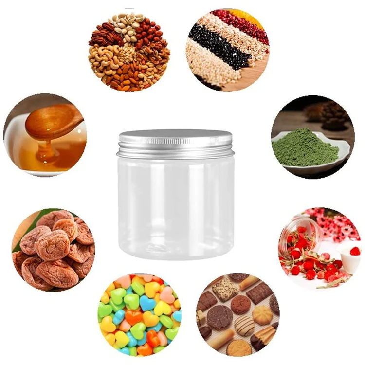 Reusable Clear Plastic Round Jars Wide Mouth Food Containers with Silver Metal Lids for DIY Cookies and Kitchen Supplies Storage