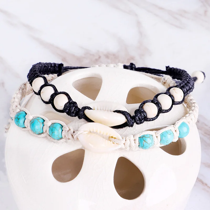 Bohemia Style Natural Sea Beach Shells Stone Woven Beads Handmade Yoga Adjustable Black White Couple Bracelets Jewelry
