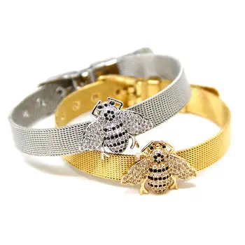 Stainless Steel Fashion Gold Clear Rhinestones Bee Evil Eyes Charm Stretch Mesh Belt Buckle Bracelet Bangles