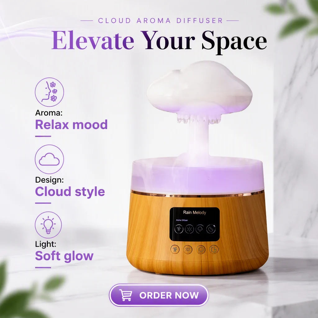 Dropshipping Products 2026 Silent Rain Cloud Raindrop Humidifier Electric Aroma Diffuser Tabletop 300ml Portable for Indoor