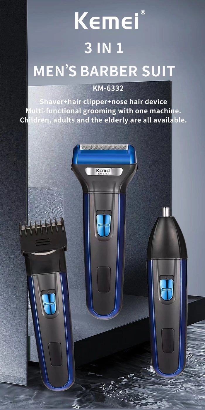 Net Pilot Light Nose Hair Device Barber Scissors Razor Kemei km-6332 3-In-1 Head Razor Floating Double Blade Shaver