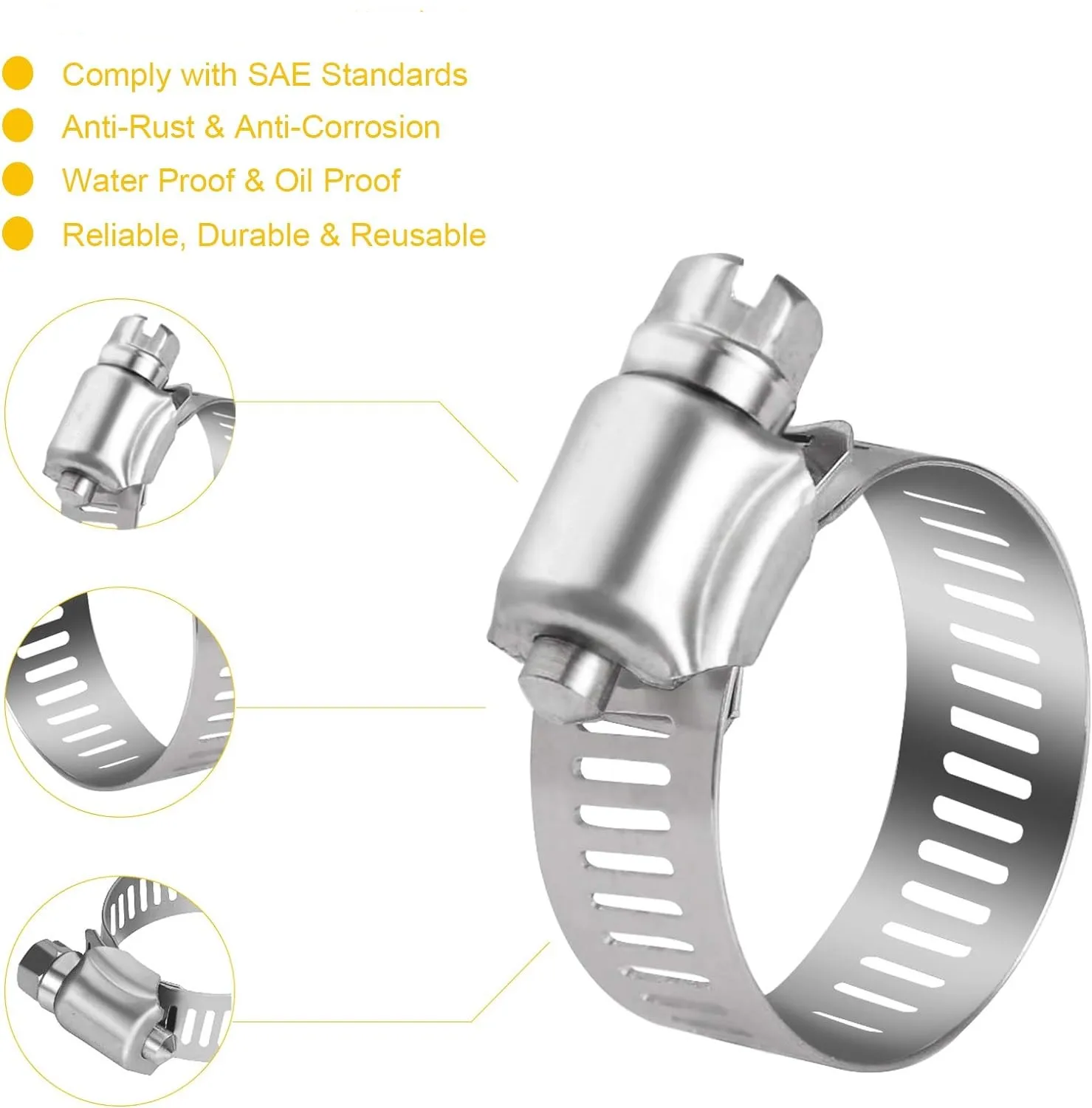 HPS Stainless Steel Embossed Hose Clamps SAE #10 - 3/4" To 1-1/8" Range, Pack Of 10, 3/8" Band