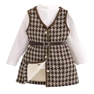 2026 New Design Kids Outfits Autumn Thick Plaid Vest Jacket Pit Strip High Neck Long Sleeve Top 2Pcs Girls Winter Clothing