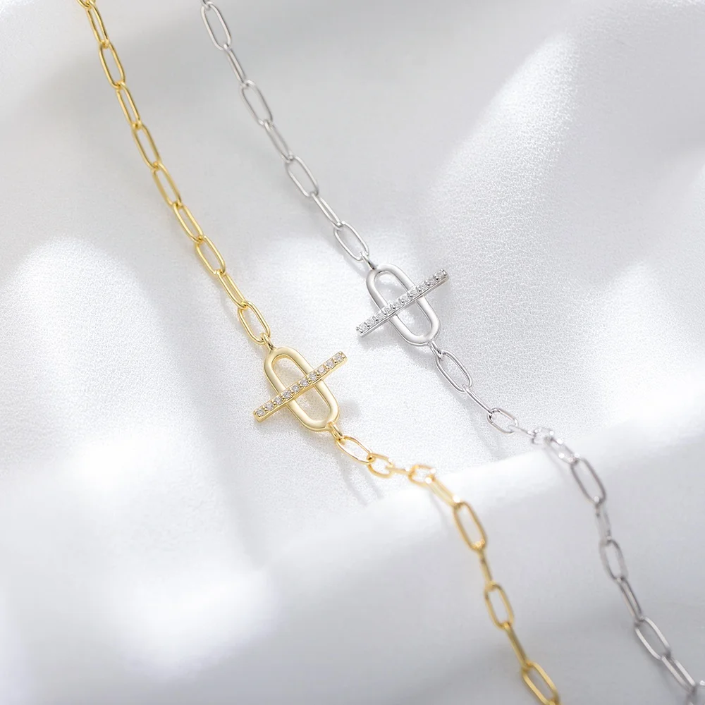 Best Selling 925 Sterling Silver Hypoallergenic Jewelry 3a White Cz Paper Clip Chain Korean Bracelet