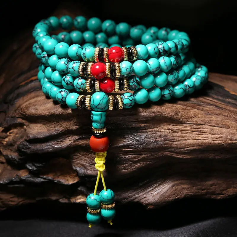 Tibetan Buddhist 8mm 108 Mala Red Green Blue White Turquoise Stone ...