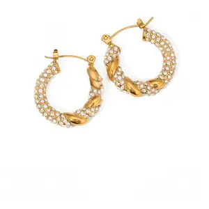 High Quality Stainless Steel Women's Trendy Statement Earrings Gold Plated Zircon Diamond Twisted Hoop Design for Weddings