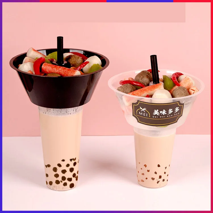 Disposable hotpot cup snack milk tea cup with black plastic cup holder factory