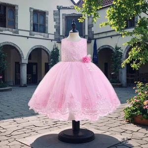 Children's Summer Sleeveless Flower Waist Dress Fashionable Princess Tail Trailing for Birthday Evening Floral Clothes for Kids
