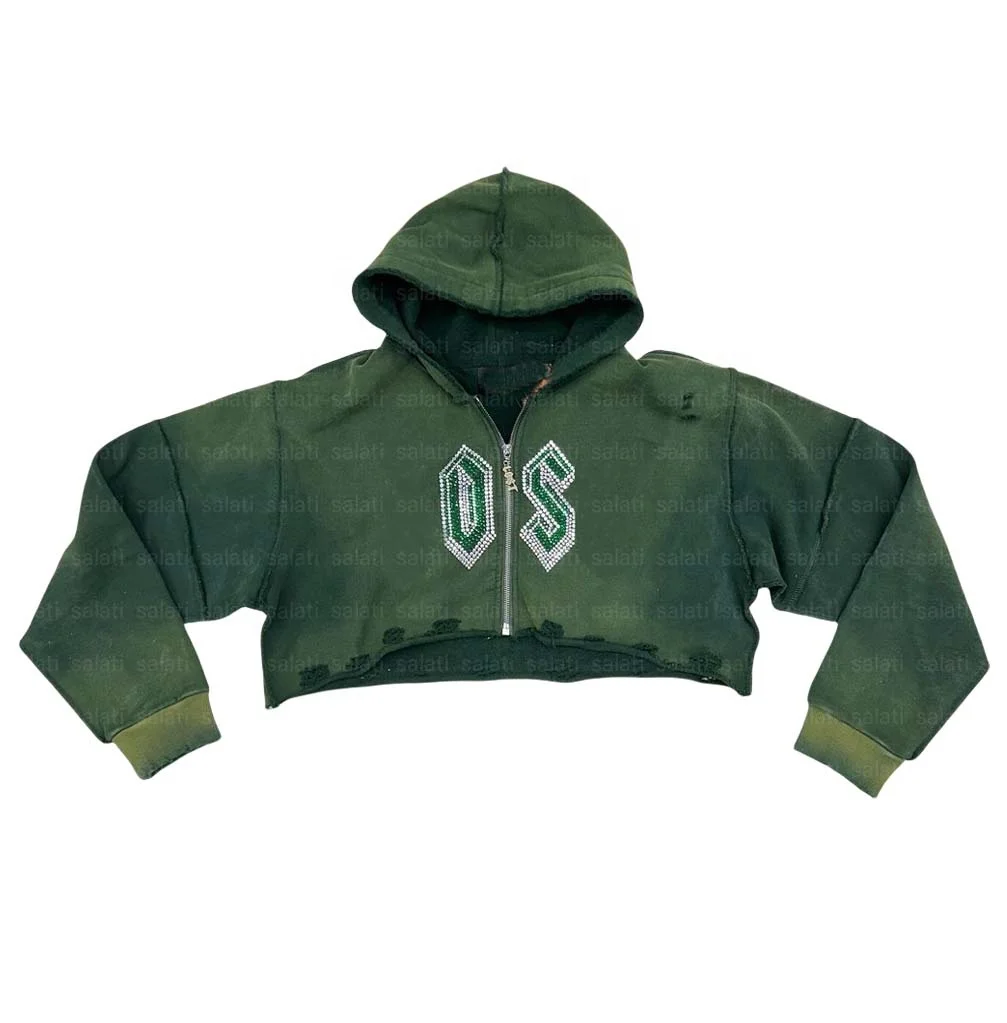 Salati Sweat Jogging Suit Manufacturer Zipper Cropped Hoodie and Sweatpants Set Acid Wash Rhinestone Sweatsuit Tracksuit for Men gallery 3