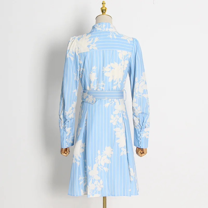 Blue Fresh and Sweet Style Contrast Color Short Dress 2022 Autumn New Printed Shirt Collar High Waist Waist Dress Women