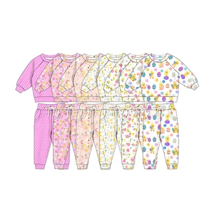 Custom Label Long Sleeve Baby Girls Two Piece Suit Kids Tracksuit Print Waffle Cotton Children Clothing Set