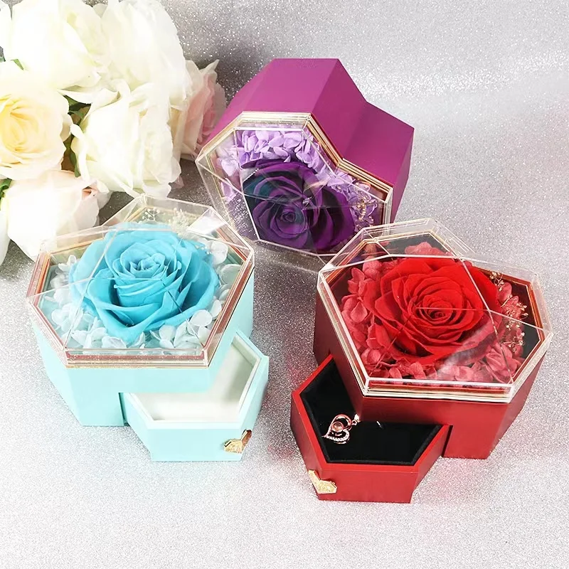 2024 New Product Valentines Day Gift Eternal Red Roses Jewelry Gift Box Acrylic Heart Jewelry