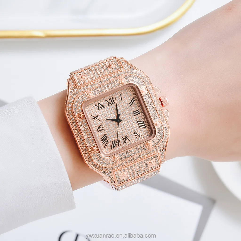 TW9015 Luxury Full Diamond Around Rome Dial Iced out Lady Watch Quartz Steel Square Women Watches Jewelry Accessories