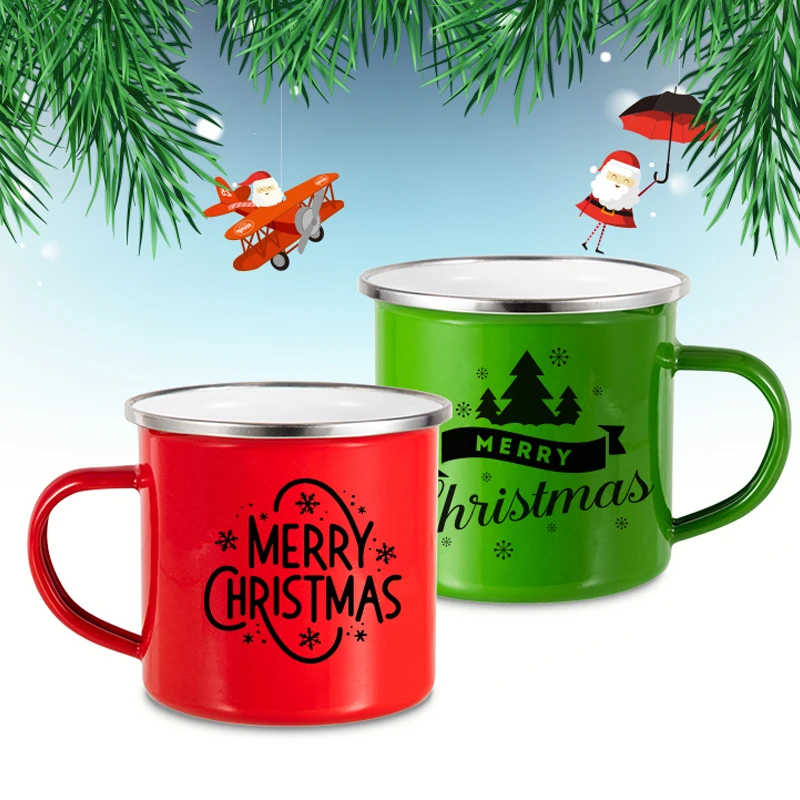 RED & GREEN ENAMEL CHRISTMAS COFFEE MUGS SET