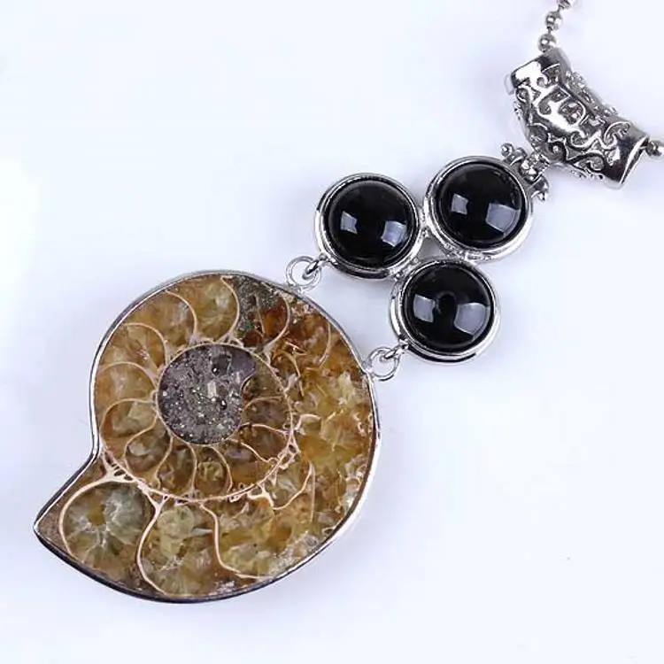 DIY Natural Ammonite Pendant Conch Shell Black Obsidian Pendant for Crystal Necklace Jewelry