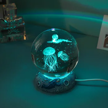 HDCRYSTALGIFTS Boule De Cristal Méduse 3D Gravée Laser 60mm Avec Support - Décoration Océan Étoilé