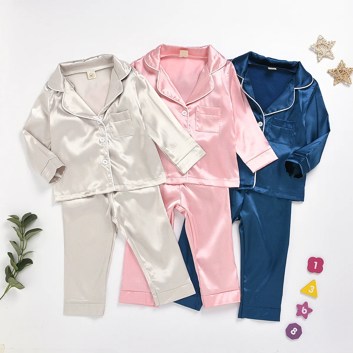 Baby Boy Girls Silk Satin Pyjamas PJS Set Kids Long Sleeve Sleepwear  Nightwear
